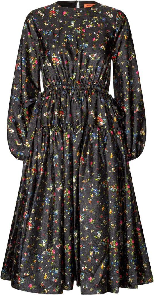 2067 flat textured poly, waist tie ruffle midi dress