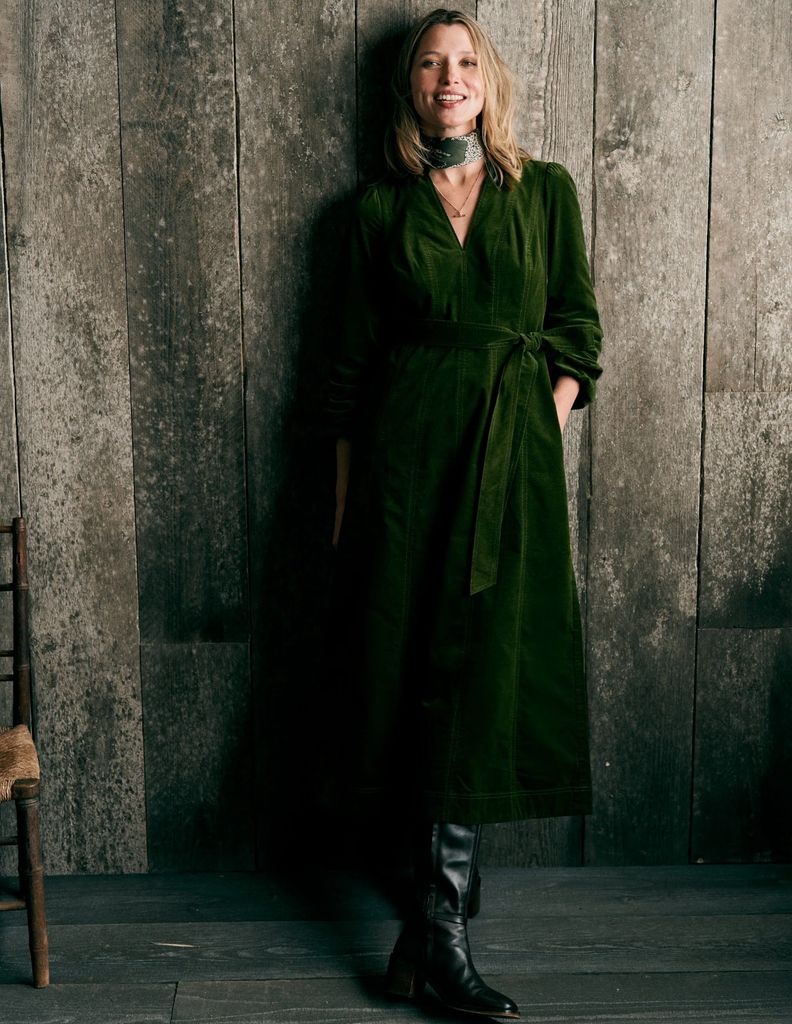 ros panelled cord midi dress-green fir