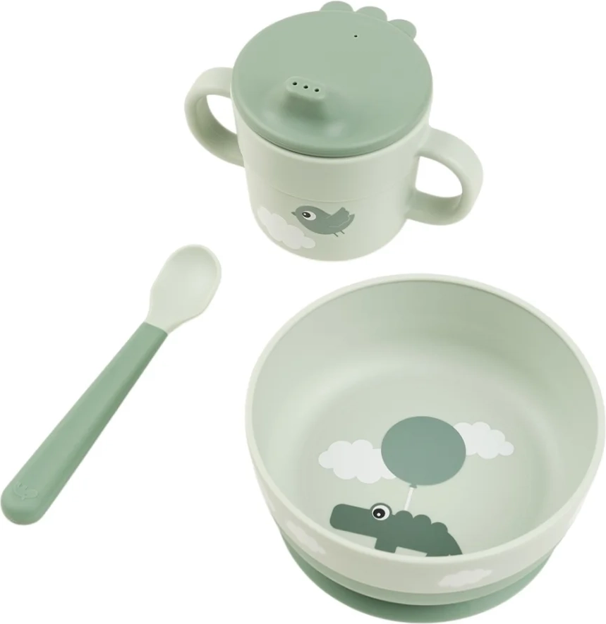done by deer - foodie first meal set with suction - happy clouds powder - bowl: 12.5 x h 5.5 cm, cup: 8 x h 9 cm, spoon: 14 cm