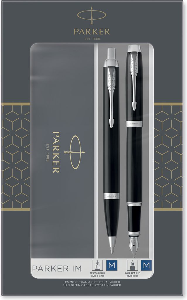 Parker Park IM Double Set med reservoarpenna och penna med svart lack med gulddetaljer, medium spets med blått bläck, presentset