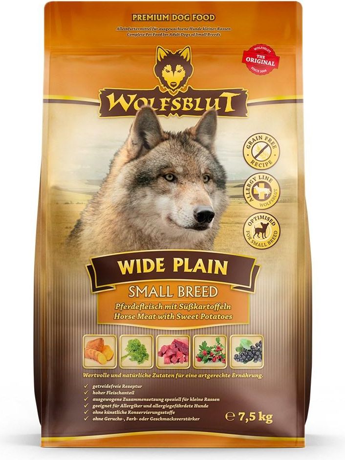 Hundefoder tørfoder WOLFSBLUT Wide Plain Small Breed hest & søde kartofler 7,5 kg