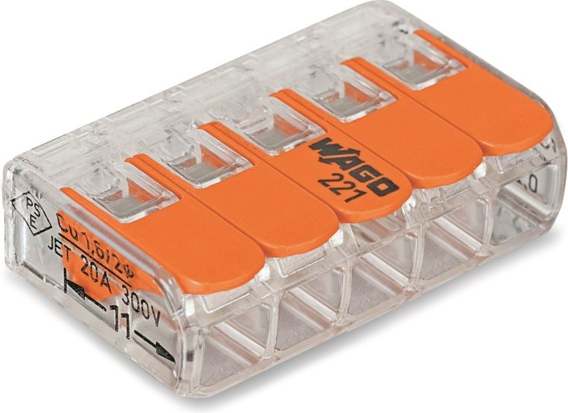 wago serie 221 – skrueløs samlemuffe med 5 huller huller for 0,2 til 4 mm² ledning, transparent - 25 stk.