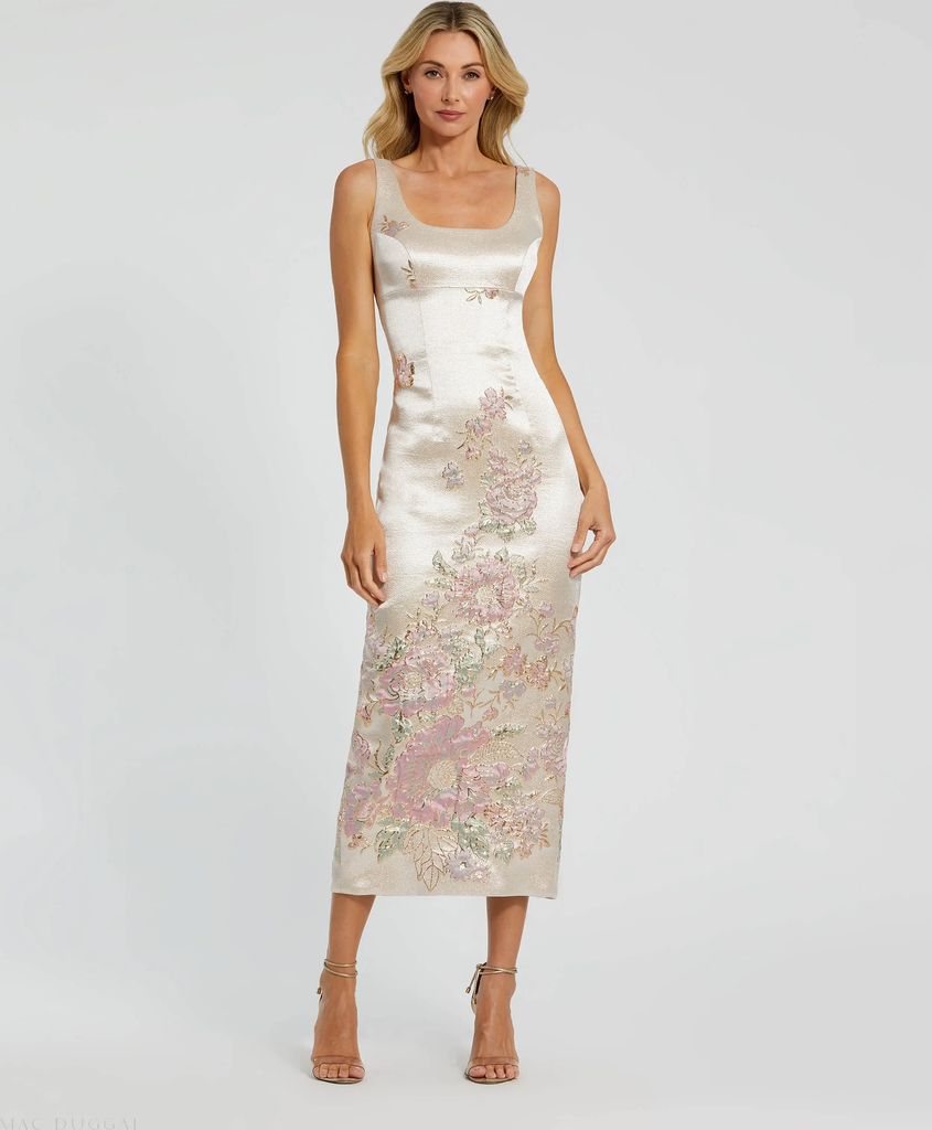 slim strap scoop neck bustier brocade midi dress