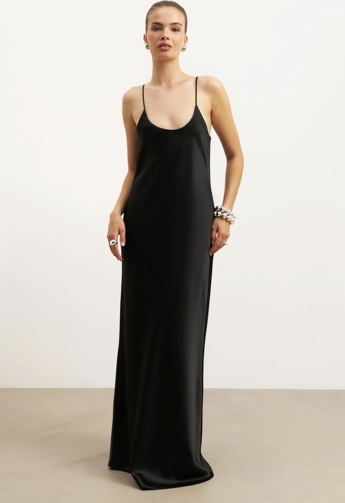 satin scoop neck camisole maxi dress - black