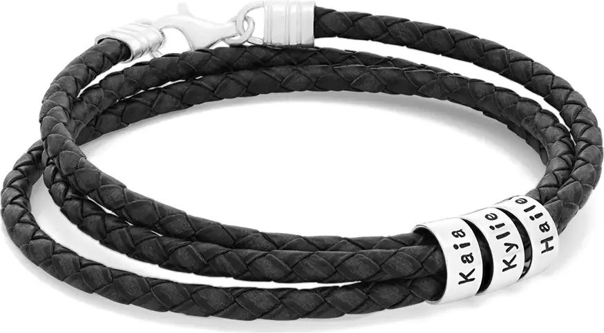 Myka Navigator Svart Flätat Läderarmband Graverade Pärlor Silver