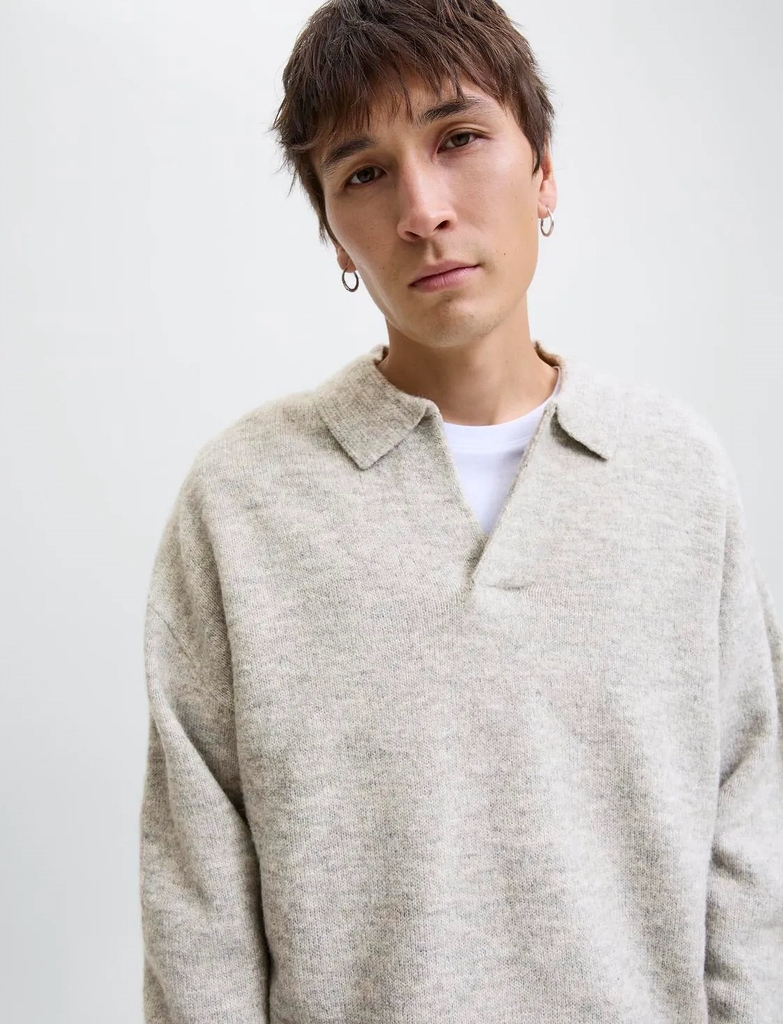 Jack & Jones Jjsoho Ollie Knit Split Neck Ln Grey