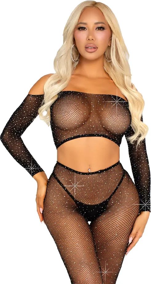 rhinestone fishnet crop top & legging black