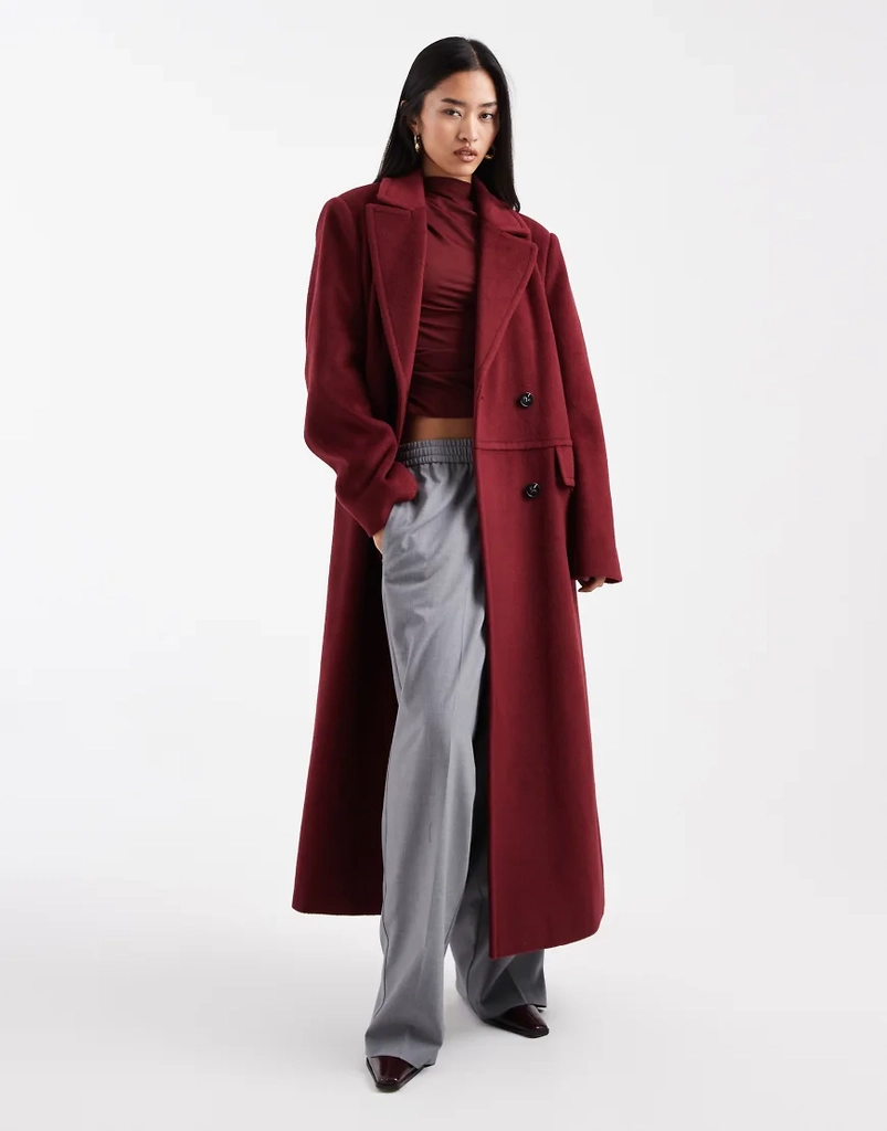 4th & reckless - bordeauxrød, dobbeltradet og elegant longline-frakke med struktur i uldlook
