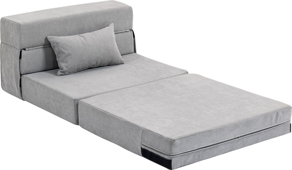 Gulvsofa, polstret, kan omdannes til madras, skum, hynde, lysegrå
