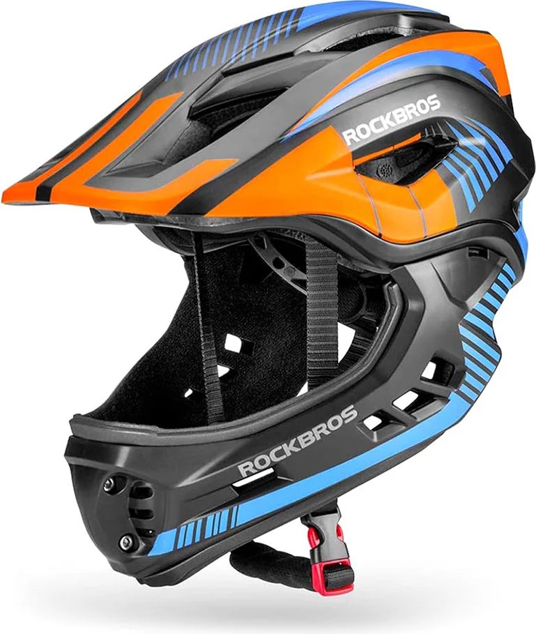 Rockbros Kinderfahrradhelm mit abnehmbarem Visier Größe Schwarz und Orange