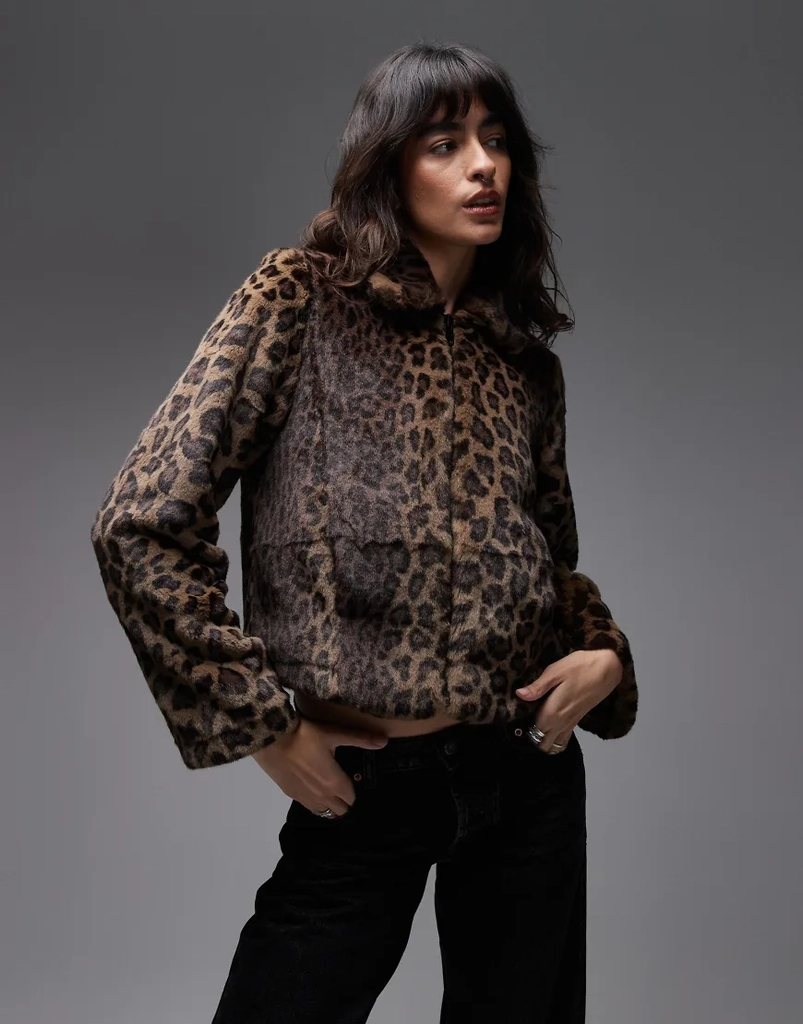 AllSaints Saye Brun Cropped Jakke Leopardprint Imiteret Pels - Brown