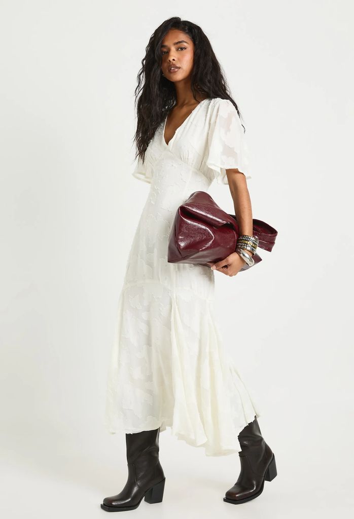 boohoo Burnout Floral Angel Sleeve Midaxi Dress - White