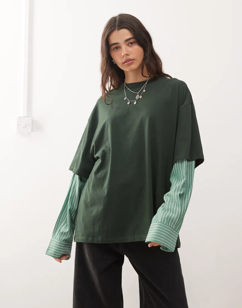Lioness Oversized 2-i-1 T-shirt Med Overlag Langærmet Skjorte - Mørkegrøn/Grøn