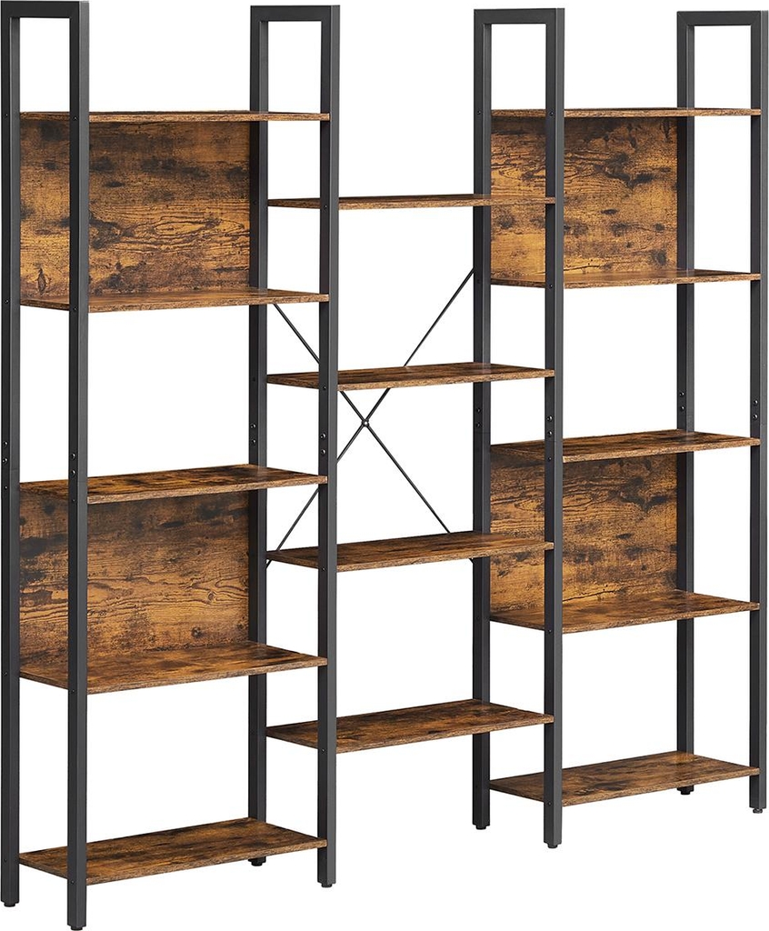 Bogreol stigehylde 14 hylder, metalramme, industrielt look, 158 × 24 × 166 cm, rustik brun/sort