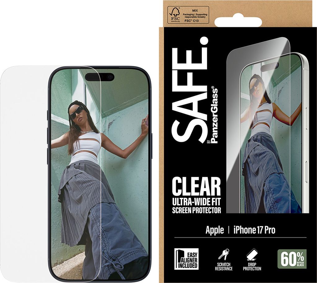 safe by panzerglass iphone 18 pro / 17 pro ultra-wide fit skærmbeskyttelsesglas - gennemsigtig