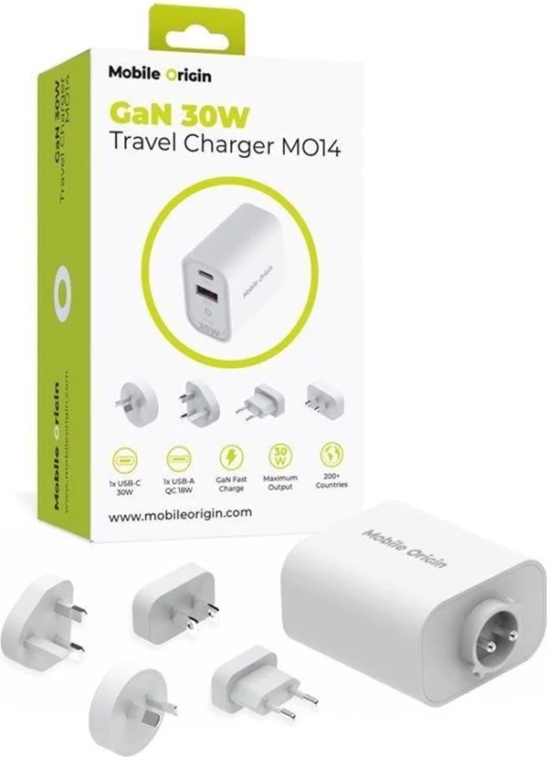 mobile origin gan 30w rejseadapter - eu, usa, uk, aus - hvid