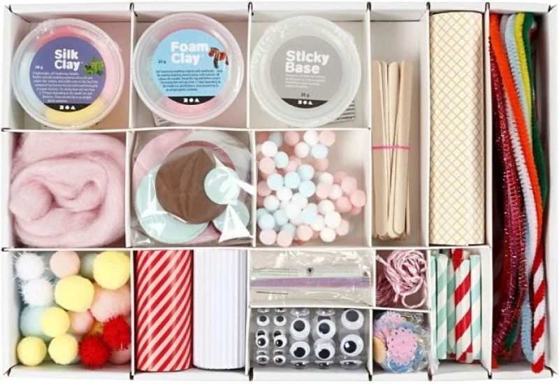 DIT Kit Kreativ Kasse med Silk Clay, Foam Clay, Piberensere og Pomponer - 3+år