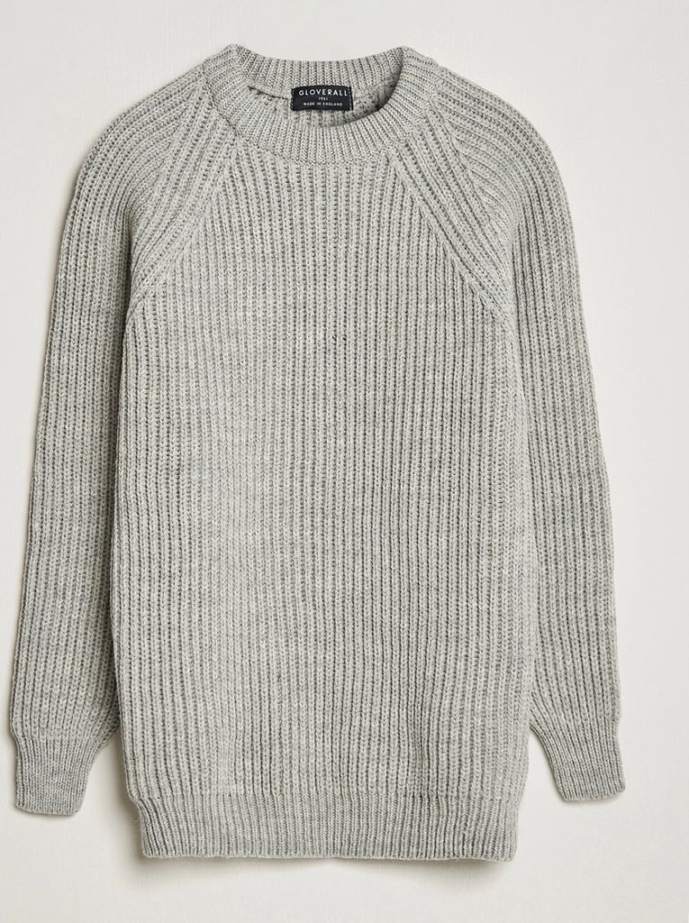 gloverall fisherman rib chunky wool crew neck light grey
