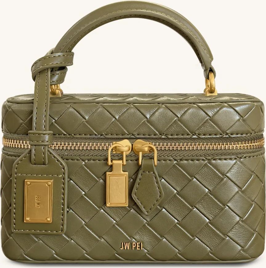 cleo woven texture box shape top handle bag - olive green