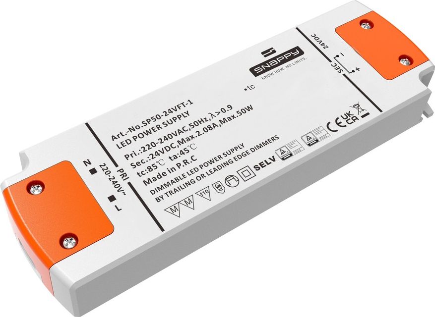 Snappy strmforsyning, 50W, 24V DC, 2.08A, IP20, dmpbar