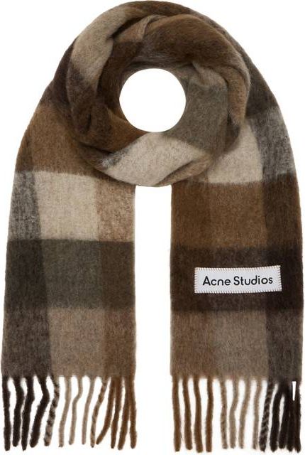 check fringe scarf in dark brown, white and brown
