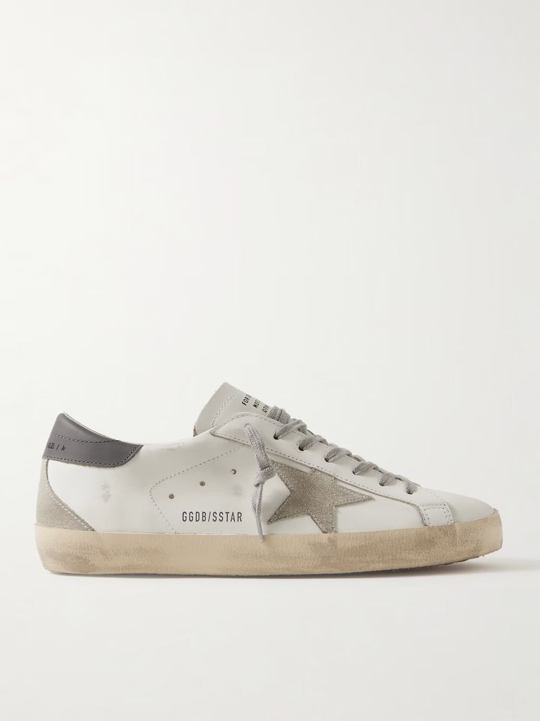 super-star distressed suede-trimmed leather sneakers