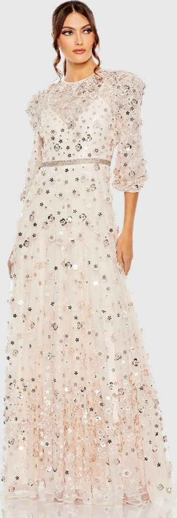 pink floral applique puff sleeve high neck a-line gown