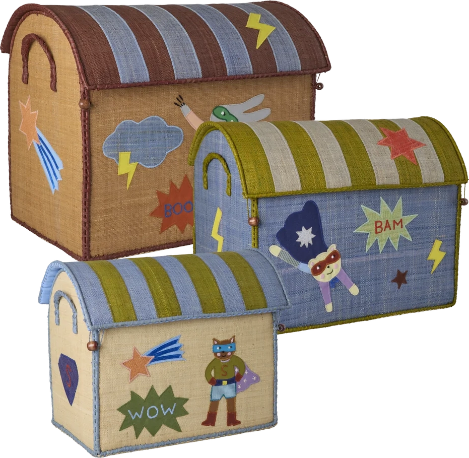 rice raffia leketøy baskets med hero theme - blue - sett of 3