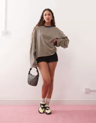 Lioness Bloom long sleeve oversized striped t-shirt in beige & navy stripe