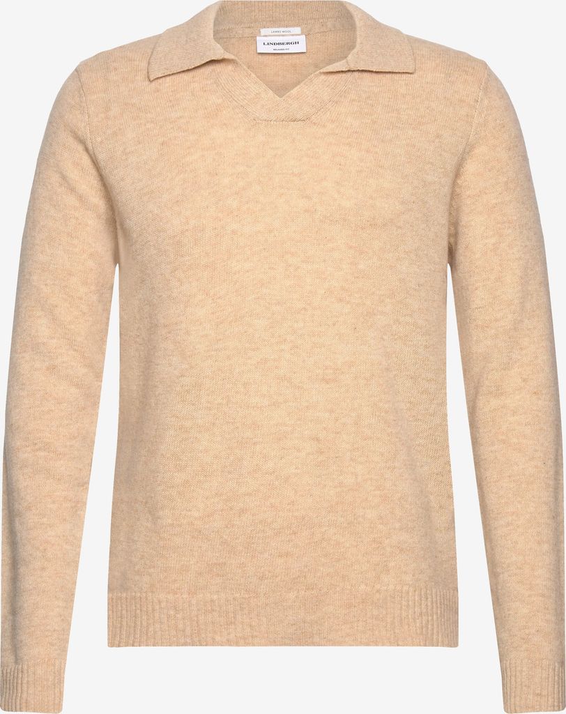 Lindbergh Lambswool L/S V-Neck Polo - Beige - L