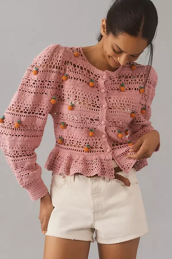 farm rio orange tassel crochet cardigan sweater