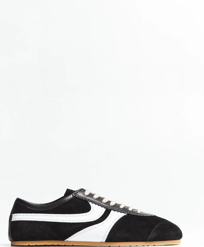 leather-trimmed suede sneakers in black and white