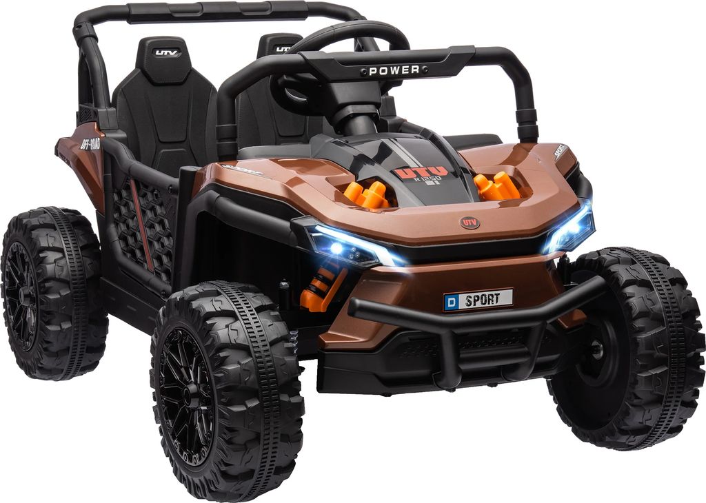 aiyaplay elektrisk børnebil utv, elektrisk børnebuggy, med 2.4ghz fjernbetjening, 2 12v motorer, 2 hastigheder, musik, horn, lys, til børn 3-5 år, brun