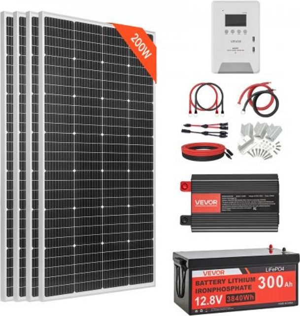 VEVOR 800W 12V Komplet Solcelleanlæg 4x200W Monokrystallinske Solpaneler