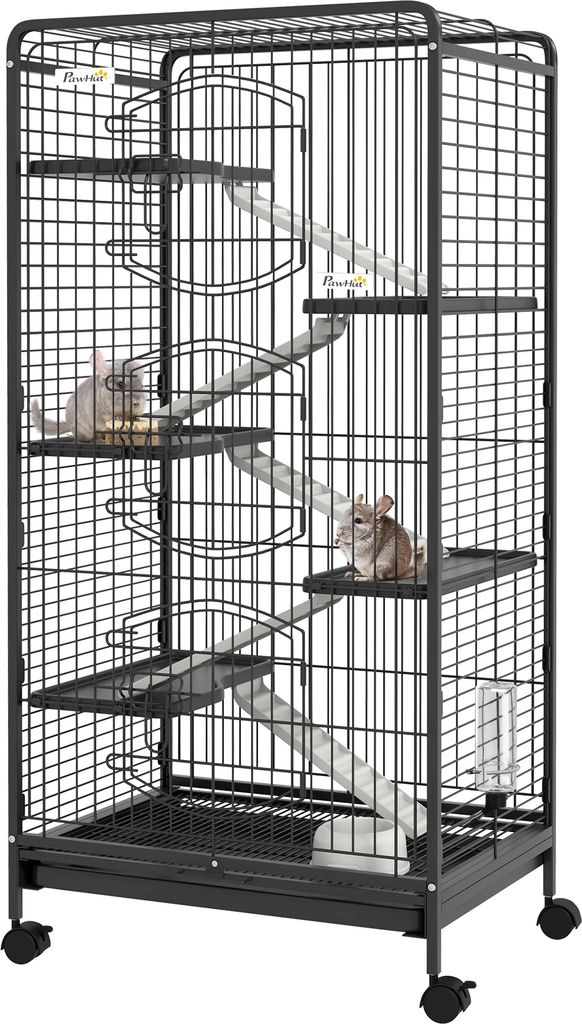 small animal cage rodent cage with wheels ramp bowl water bottle and removable tray enclosure for rabbits chinchillas ferrets 61.5x44x131 cm black