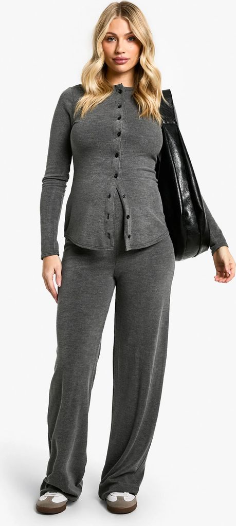 boohoo Maternity Soft Knit Button Cardigan Wide Leg Trouser - Grey