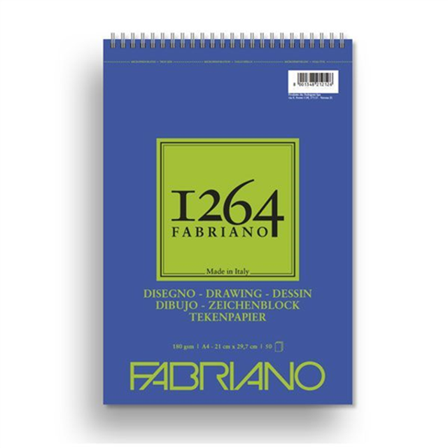 Fabriano tegneblok F-1264 A4 (210×297 mm) 50 ark, gramvægt 180. Arkene er spiralbundne og mikroperforerede