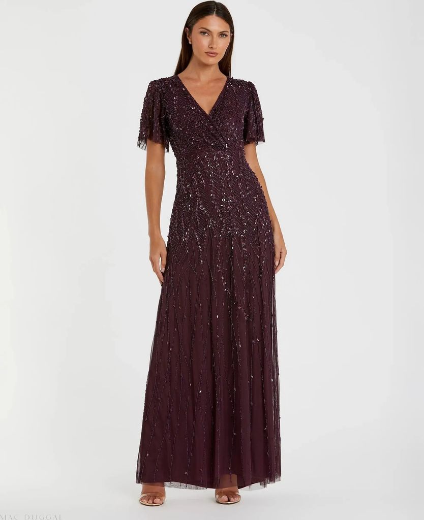 purple embellished flutter sleeve gown