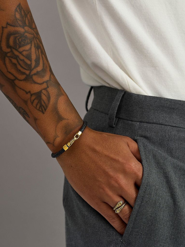 braided black leather bracelet in gold