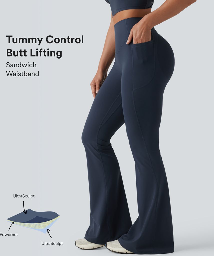 halara ultrasculpt™ high waisted scrunch butt lifting tummy control shaping yoga flare leggings with pockets