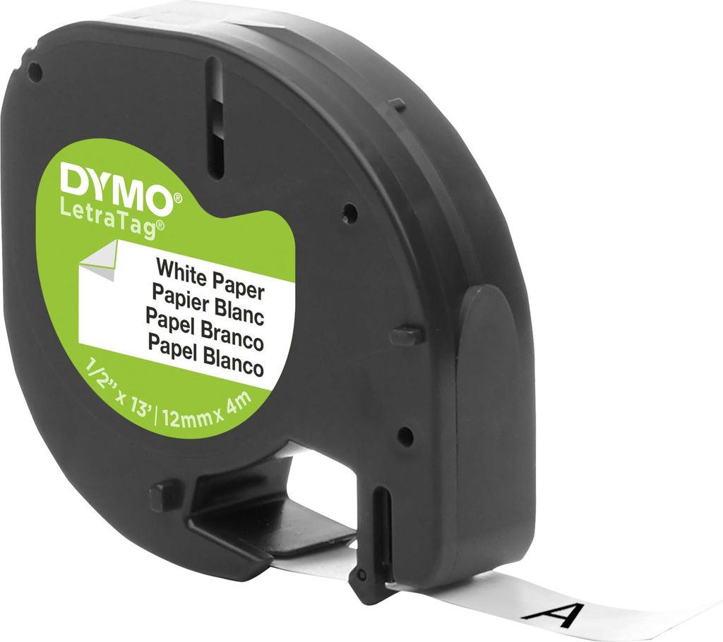 DYMO LetraTag pappersetiketter | 12 mm x 4 m Rulla | Svart tryck på vitt