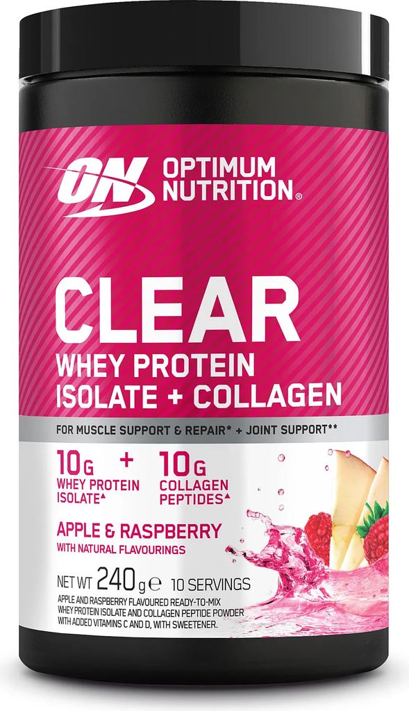 optimum nutrition clear whey protein isolate + collagen - apple & raspberry (240g)