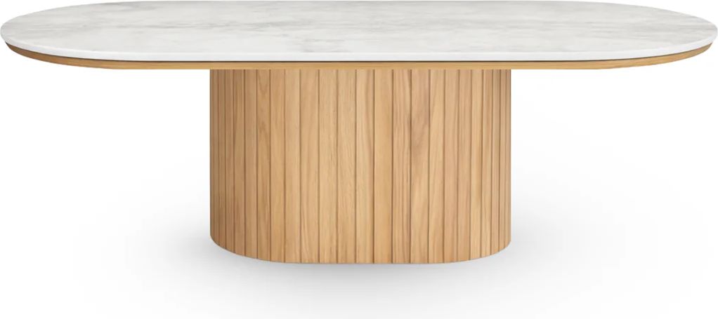 Bobby - Oval sofabord med lys beige stenbordplade og fod i eg 120x55x45 cm