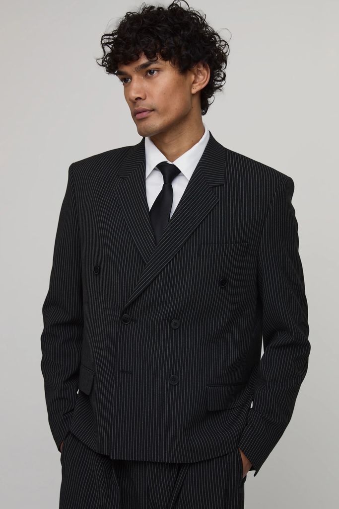 boohooMAN Pinstripe Oversized Boxy Double Breasted Blazer - Navy