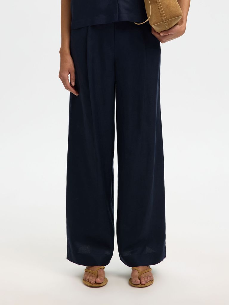 Selected Slflyra Hw Wide Linen Blend Pant Noos - Navy - 34