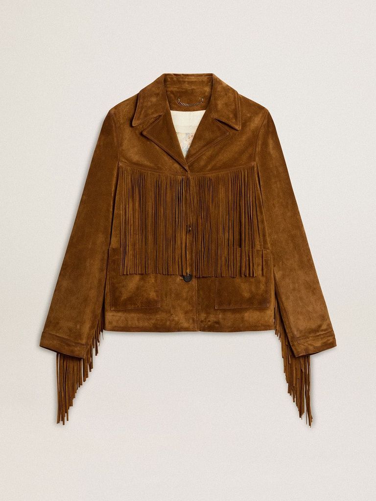 veste pour femme en daim couleur tabac avec franges