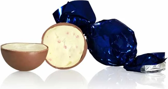 chokoladekugle | mælkechokolade med creme brulée og granatæble - mørkeblå
