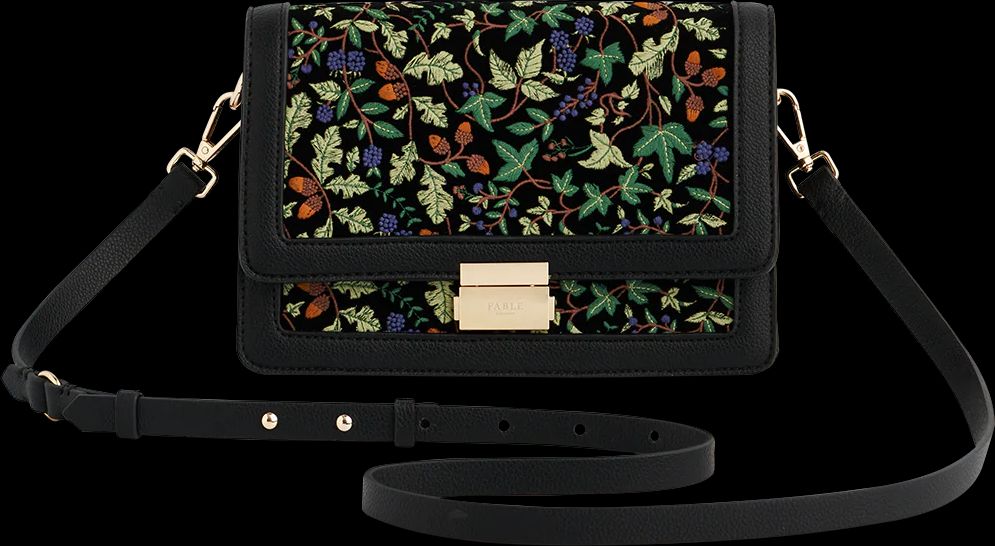 black embroidered fold over bag