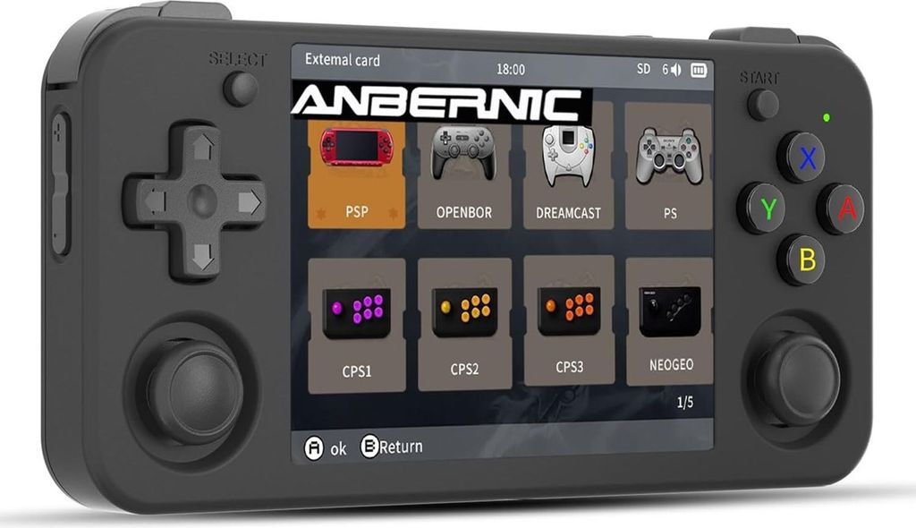 ANBERNIC RG35XX H Bærbar Retro Spillekonsol, 3,5″ IPS, Linux, Dual Analog, 64 GB – Sort