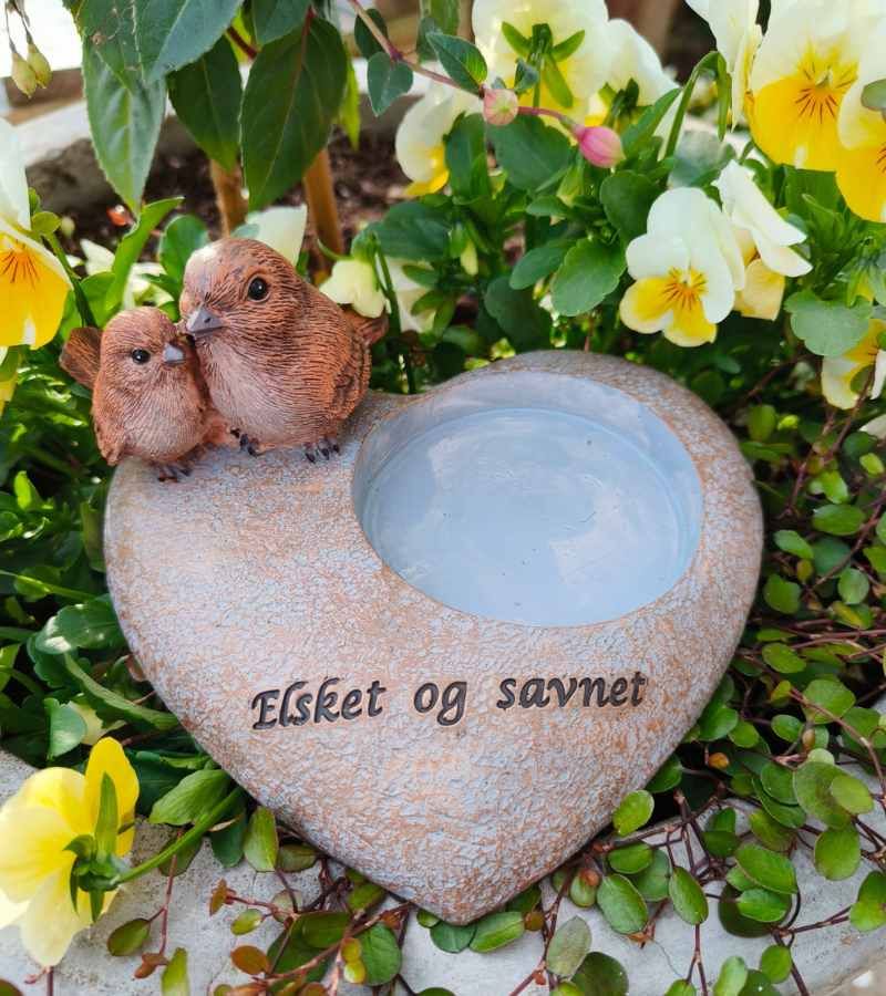 hjerte til gravlys m. 2 fugle på sten, elsket og savnet